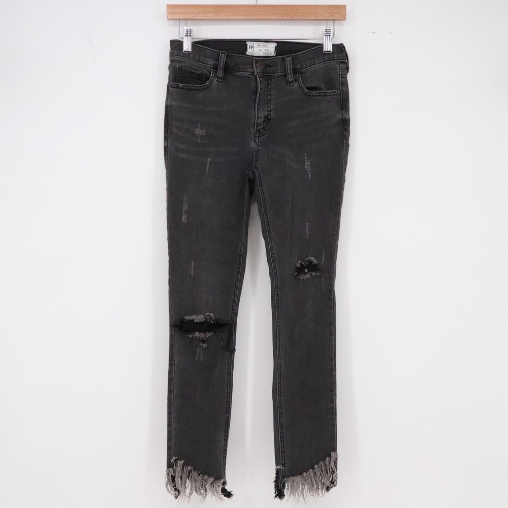 Free People Jeans Womens 26 Distressed Skinny Faded Black Frayed Hem Good